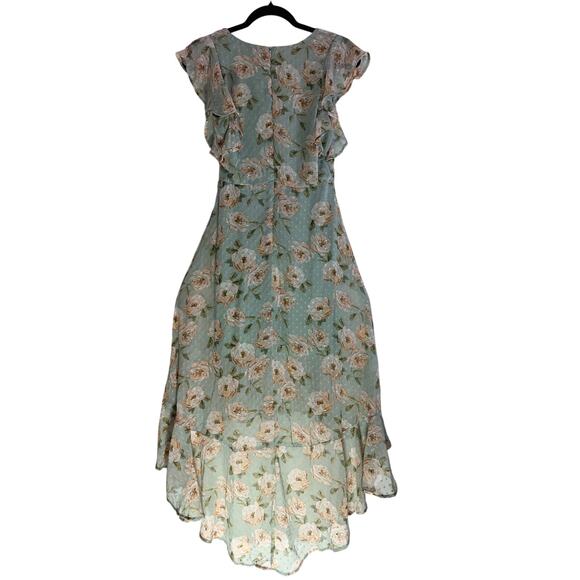 Altar’d State Green Floral Midi Dress Ruffle Sleeve V Neck No Belt - Picture 2 of 10